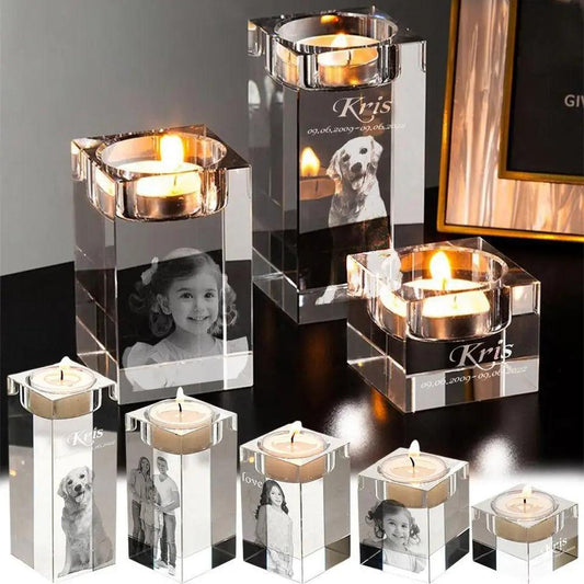 Romantic Crystal Candle Holder - Custom Couple & Pet Photos Engraved Gift